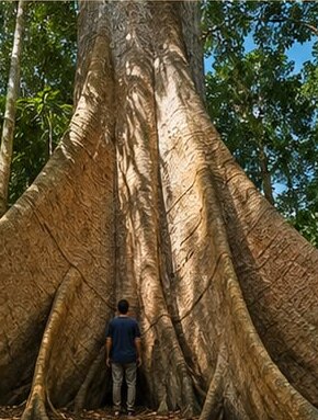 A person standing at the base of an ancient Samaúma tree, dwarfed by its enormous buttress roots.